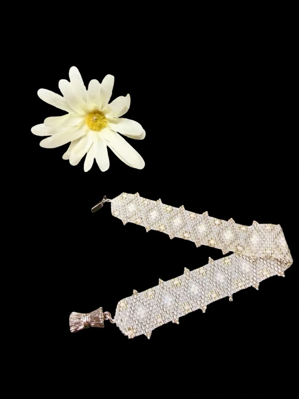 Woven Cream Silver Seed Bead Cuff Bracelet – Bridal Jewelry, Rhodium Clasp - Picture 5 of 11